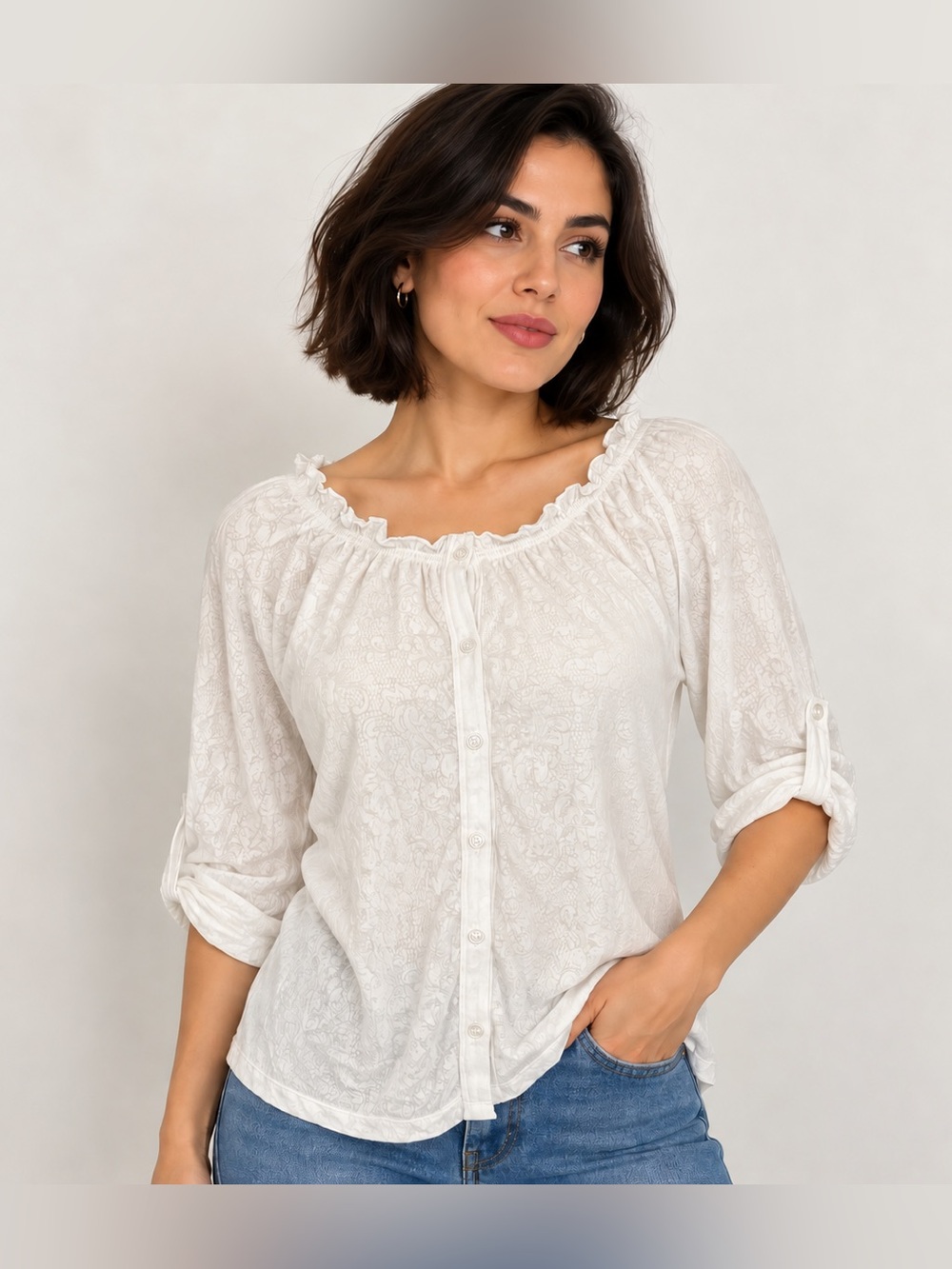 New York & Company Women’s White Ruffle Neck Button Front Blouse Top Size M